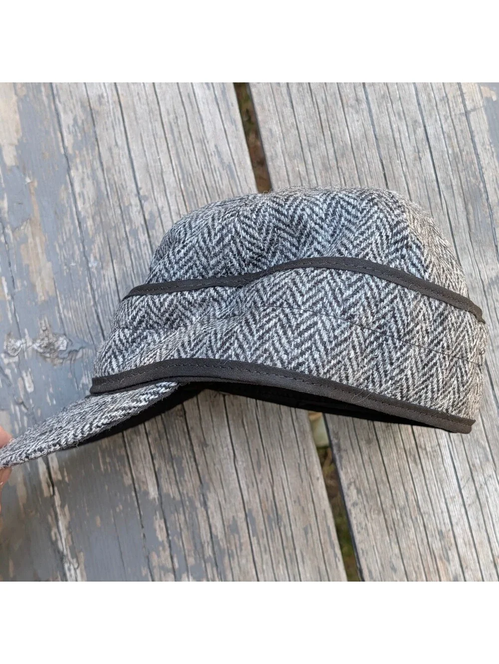 Stormy Kromer Harris Tweed Wool Hat 7 1/4 Grey Herringbone Cap Eclectic Grandpa